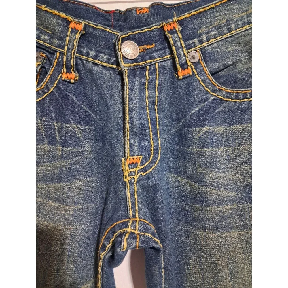 True Religion Billy Super T Jeans Mens 34 READ World Tour Patch Orange Yellow St
